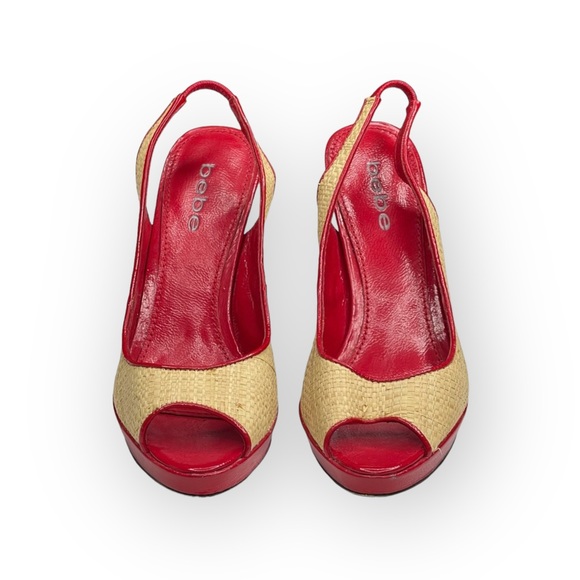 Bebe ᪥ Katie Woven Straw Platform Slingback Heeled Sandals ᪥ Red Leather ᪥ 6M ᪥ - Picture 7 of 16